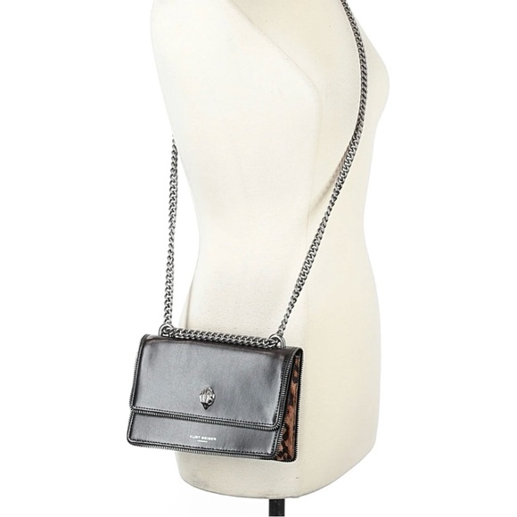 Kurt Geiger Shoreditch Leopard Calf Hair Accent Zipper Look Crossbody Black Bag - Picture 1 of 10